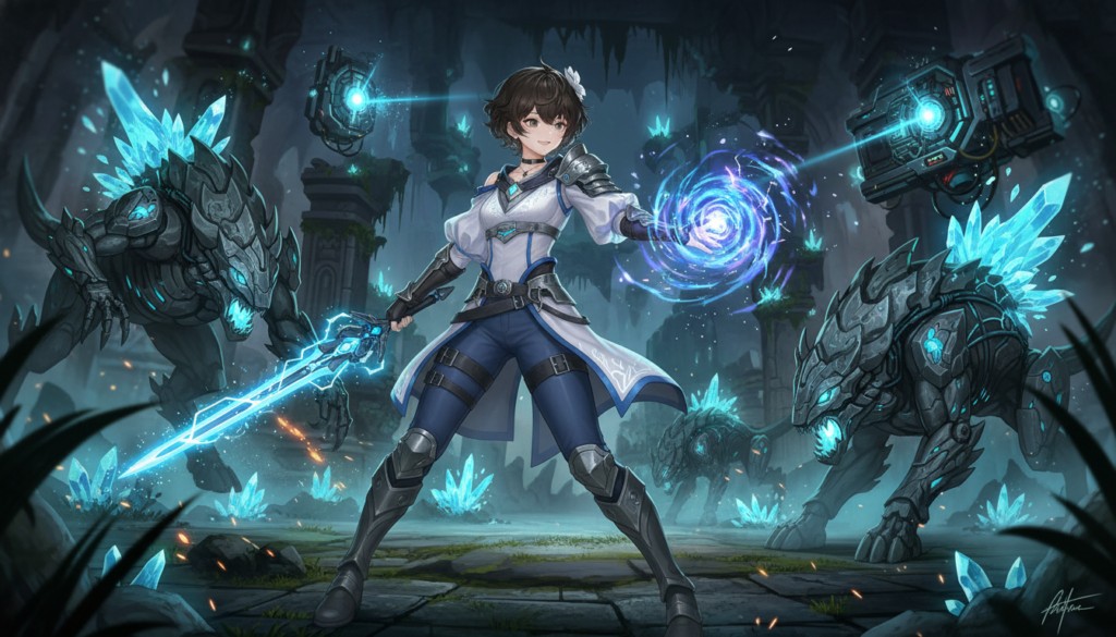 生成された一枚絵。エネルギーの剣と光球を構えた戦士風の少女が、背後のロボット兵と対峙している