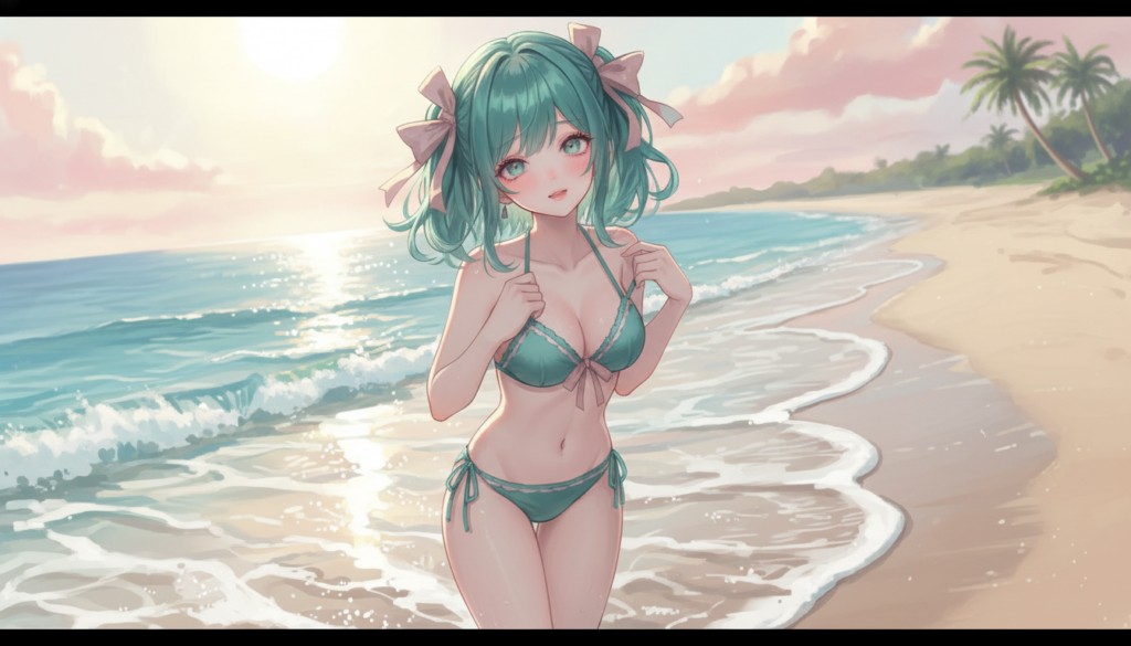 生成された一枚絵。夕暮れの浜辺で、水着姿の少女が波打ち際に立っている
