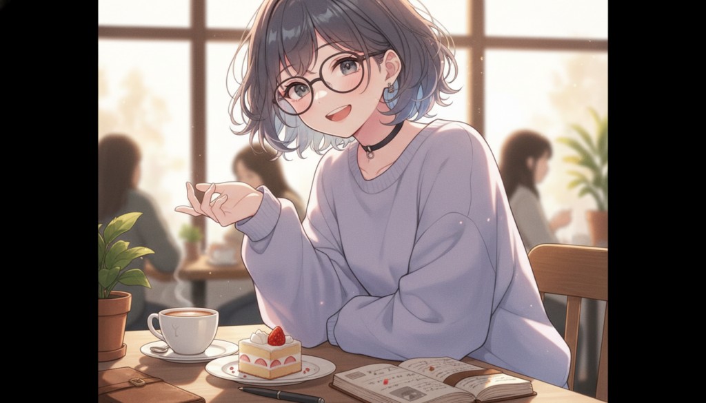 生成された一枚絵。眼鏡をかけた少女がカフェの席で、ケーキとコーヒーを前に微笑んでいる
