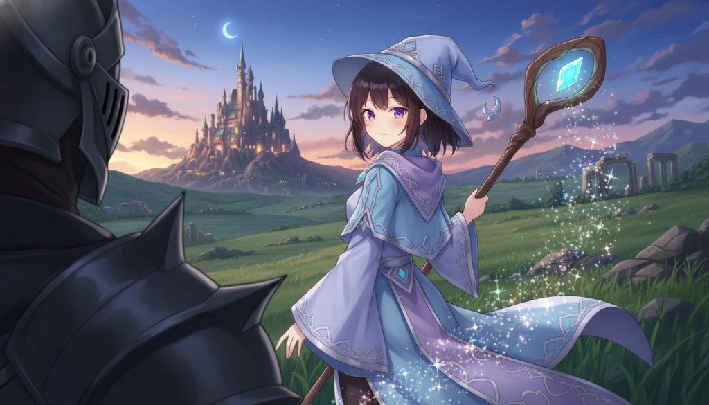 生成された一枚絵。魔法使い風の衣装の少女が城を背景に光る杖を掲げ、手前には黒い鎧をまとった人物のシルエットが写り込んでいる