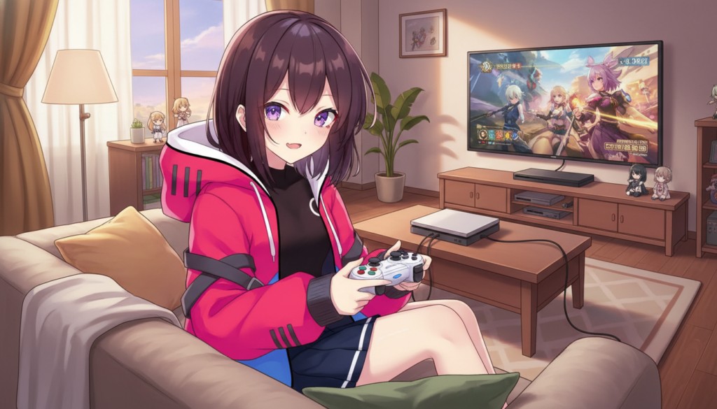 生成された一枚絵。パーカー姿の少女がリビングのソファに座り、ゲームコントローラーを手に大画面テレビでゲームをしている