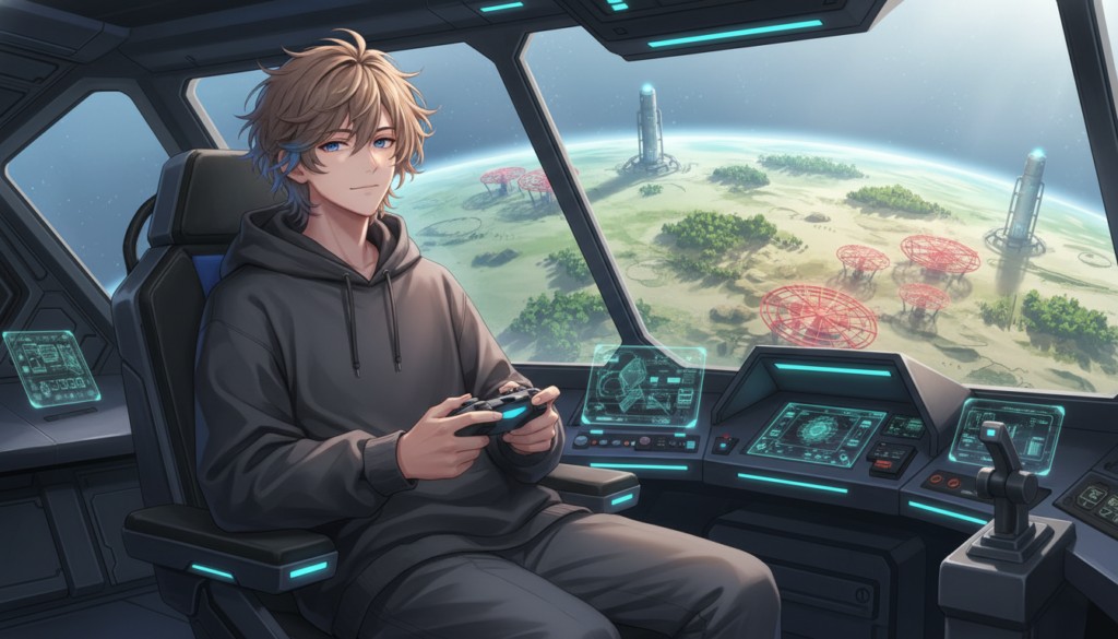 生成された一枚絵。宇宙船のコックピットで、パーカー姿の青年がゲームコントローラーを持ち、窓の外に惑星が見える