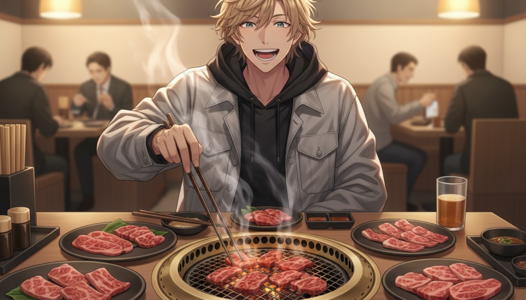 生成された一枚絵。金髪の青年が焼肉店のテーブルで、網の上の肉を焼いている