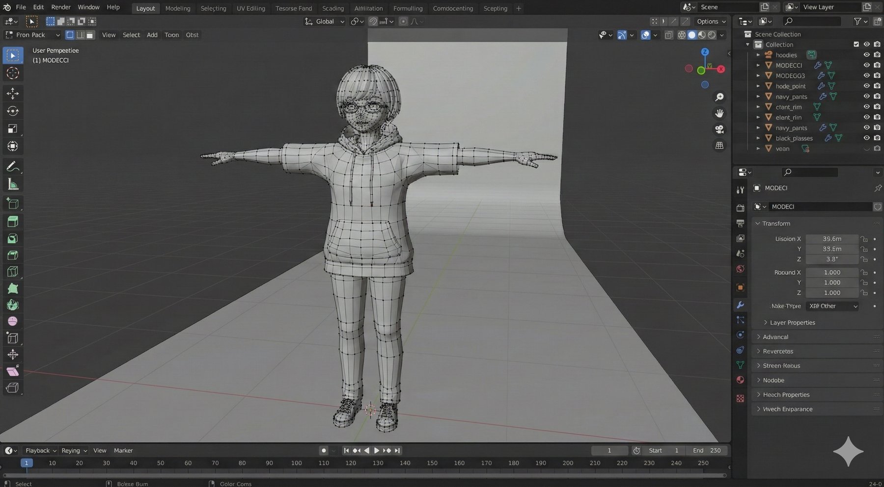 同キャラクターの 3D モデル。Blender 上で T ポーズの ワイヤフレーム表示