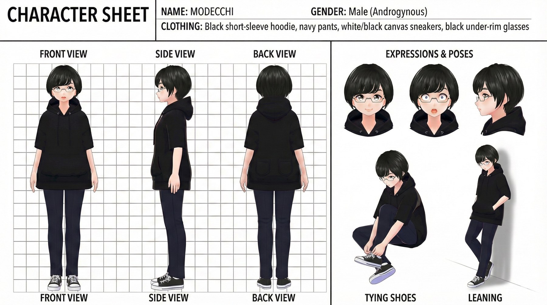 MODECCHI のキャラクター設定書。フロント / サイド / バックビュー、表情パターン、靴を結ぶ・もたれかかるなどのポーズが整理されている